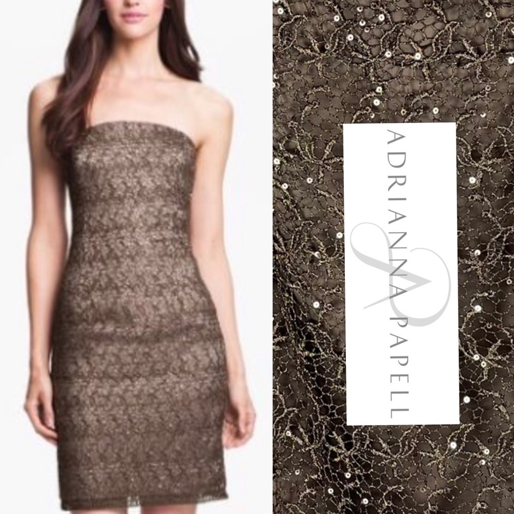 ADRIANNA PAPELL FLORAL BRONZE LACE SEQUIN STRAPLESS COCKTAIL FITTED SHEATH DRESS
